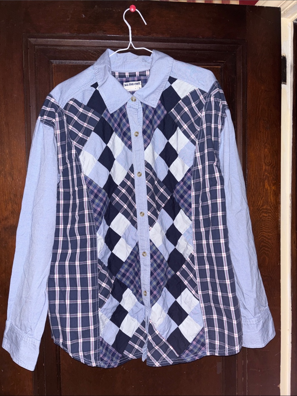 Patchwork Plaid Button-Up Shirt - Blue